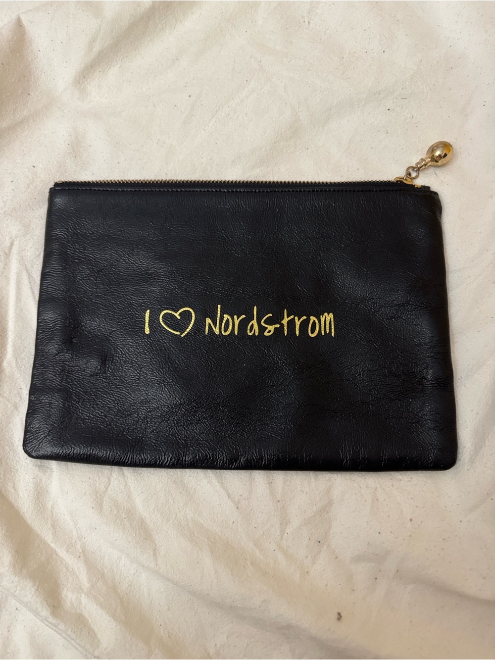 Nordstrom Black Vegan Leather Gold Logo Zip Pouch